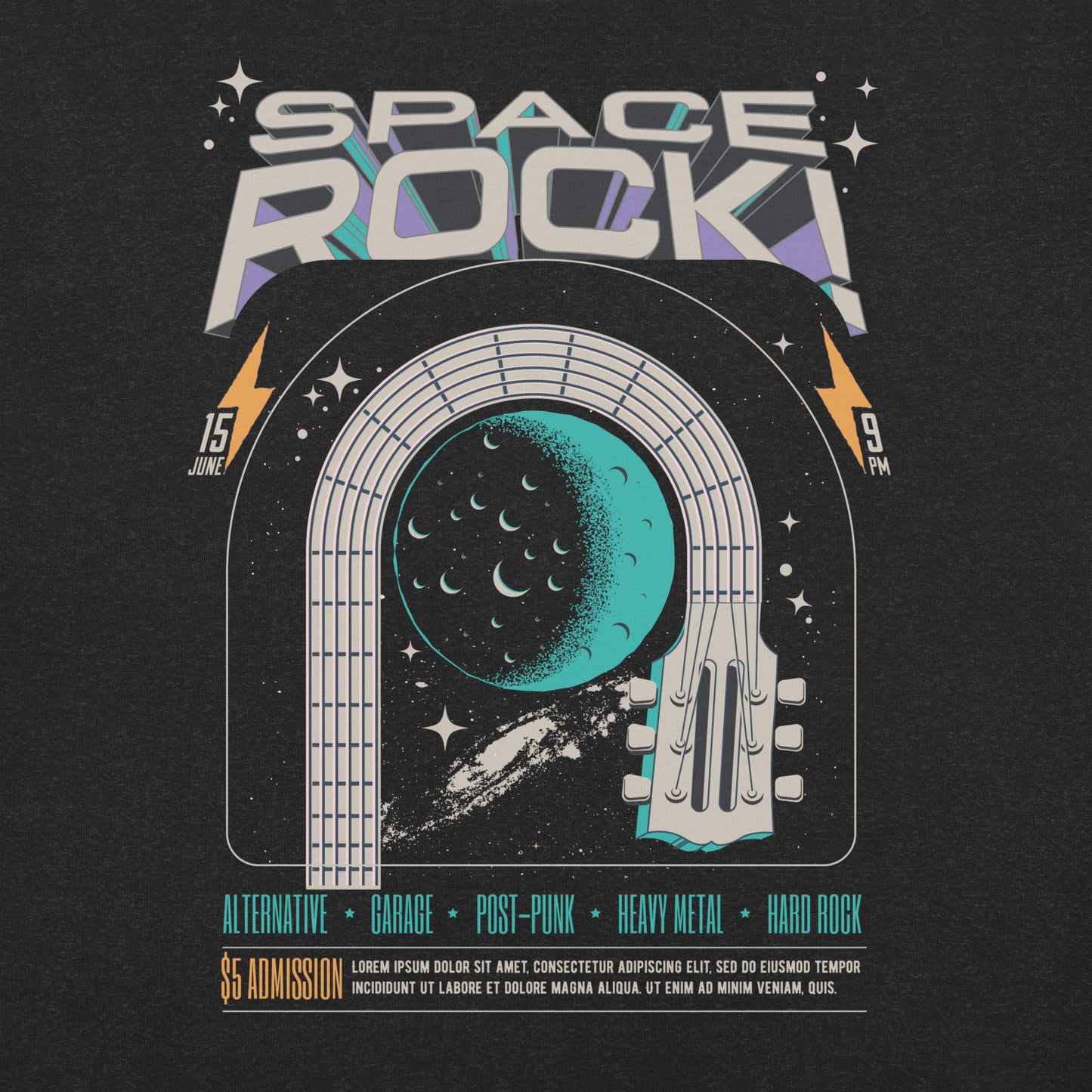 Space Rock - Heren T-Shirt Donker (Print voor)