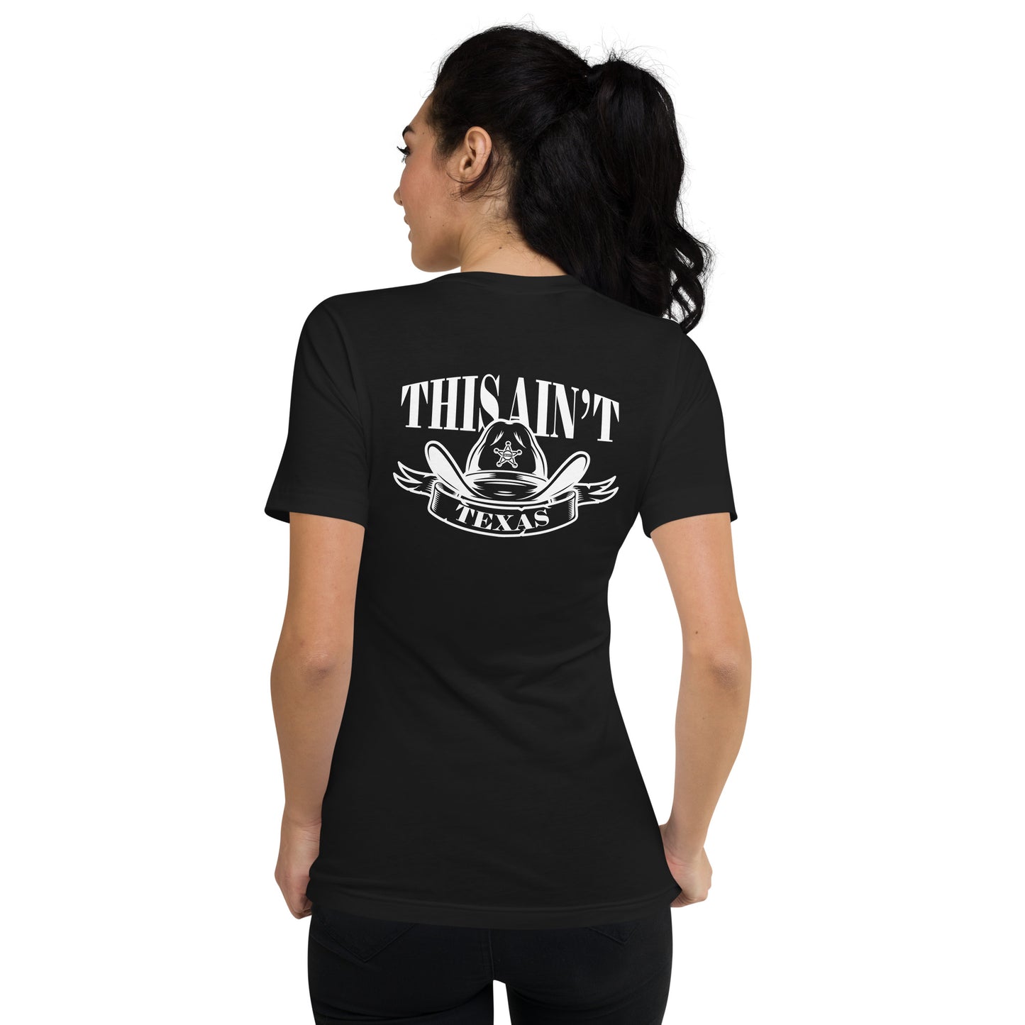 This ain't Texas - Dames V-neck T-shirt Donker (Print achter)